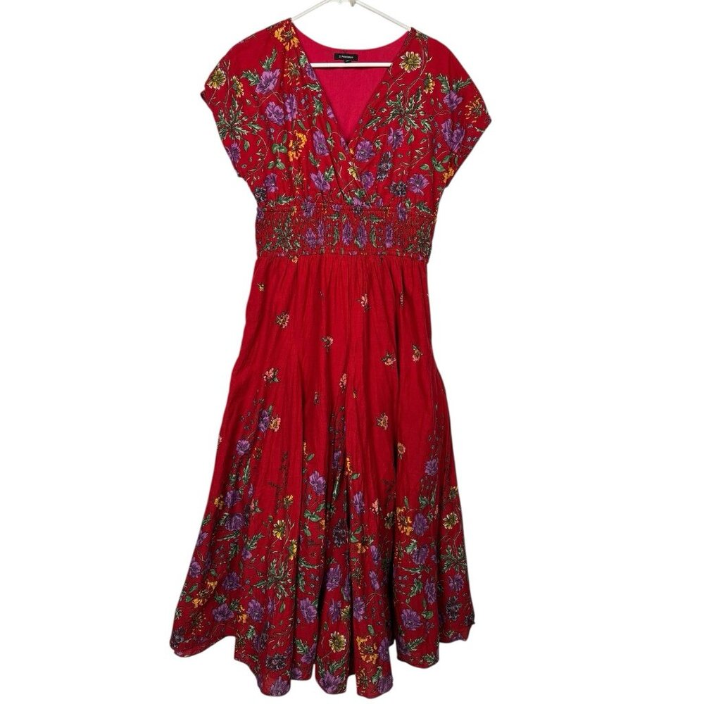 J. Peterman Dress Womens 10 Midi Red Floral Circle Skirt Shirred Cotton Boho